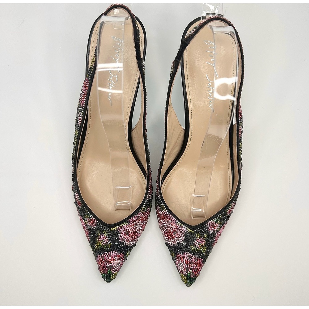 Betsey Johnson Clark Rhinestone Floral Slingback Pumps Black Pink Heels 10 NWOT - Picture 6 of 12
